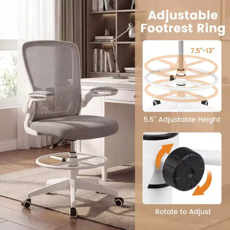 Costway Chaise de bureau réglable pivotante avec accoudoirs relevables et support lombaire réglable Noir et blanc/Noir