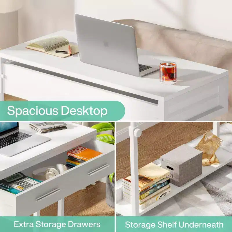 Bureau portable Lantine avec tiroirs, bureau mobile pour ordinateur portable avec roulettes, petit bureau debout pour bureau à domicile