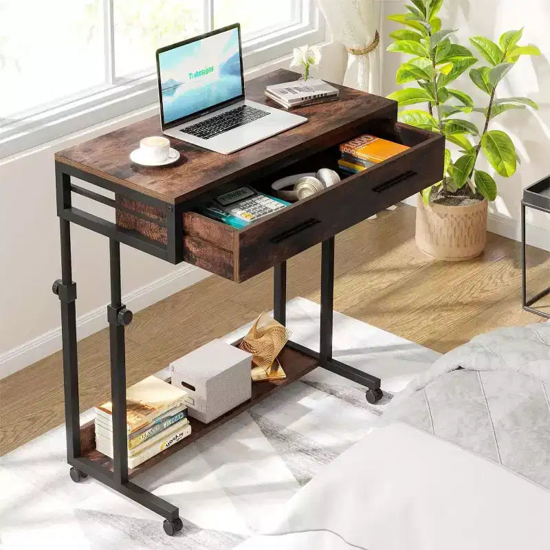 Bureau portable Lantine avec tiroirs, bureau mobile pour ordinateur portable avec roulettes, petit bureau debout pour bureau à domicile