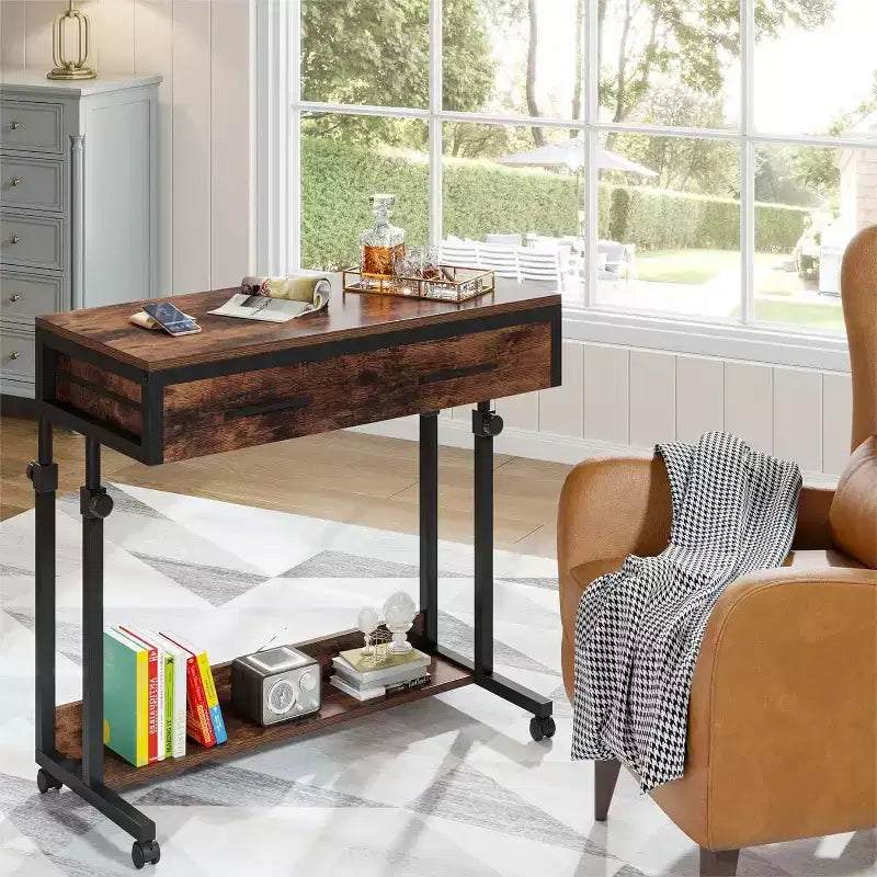 Bureau portable Lantine avec tiroirs, bureau mobile pour ordinateur portable avec roulettes, petit bureau debout pour bureau à domicile