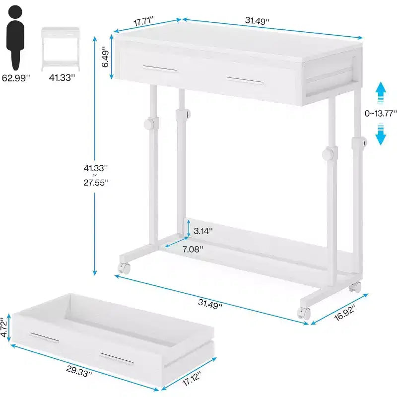 Bureau portable Lantine avec tiroirs, bureau mobile pour ordinateur portable avec roulettes, petit bureau debout pour bureau à domicile