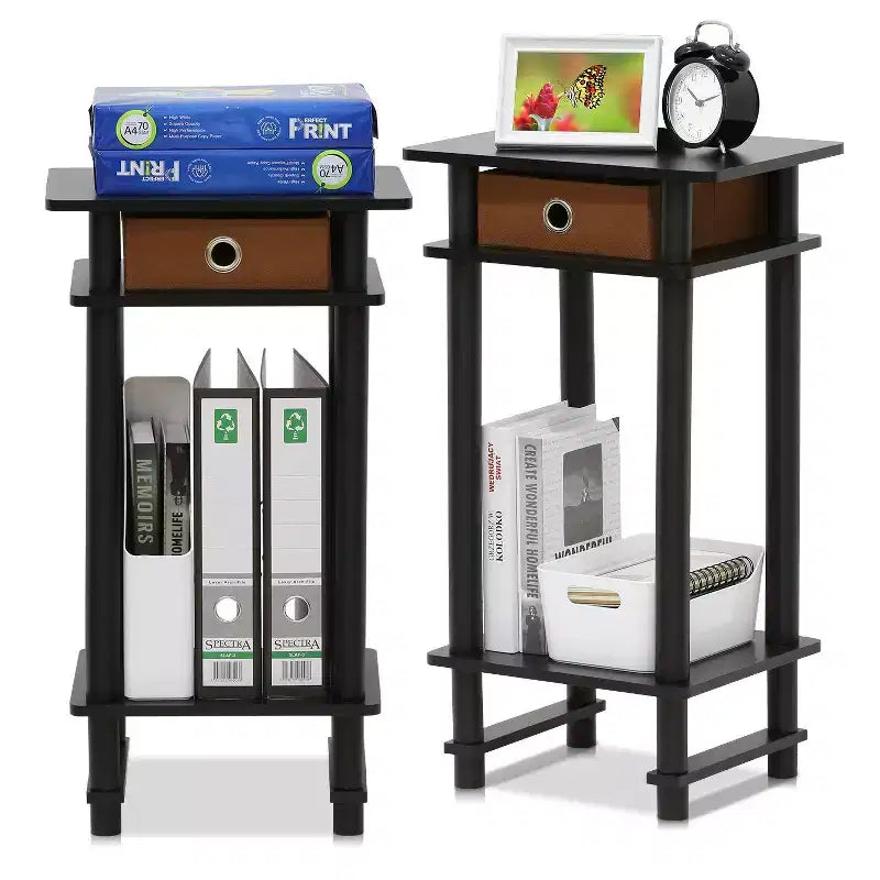 Furinno Lot de 2 tables de chevet industrielles hautes à 3 niveaux avec tiroir amovible et étagère de rangement ouverte, expresso/marron