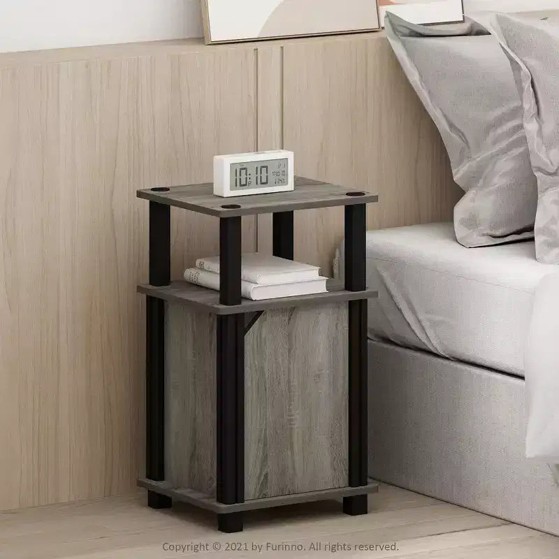 Furinno 2PCS Mid-Century 3-Tier Sofa Side Telephone Table Nightstand Accent End Table w/Storage Cabinet&Open Display Bookshelf,French Oak/Black