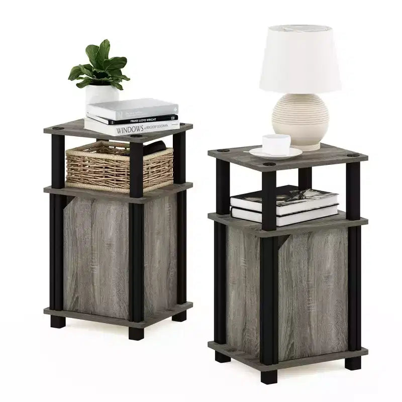 Furinno Lot de 2 tables d'appoint de canapé de style Mid-Century à 3 niveaux avec armoire de rangement et étagère ouverte, chêne français/noir