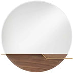 Possini Euro Design Loft Round Vanity Wall Mirror with Gold Shelf Modern Beveled Glass Brown Wood Frame 31 1/2 Wide for Bathroom