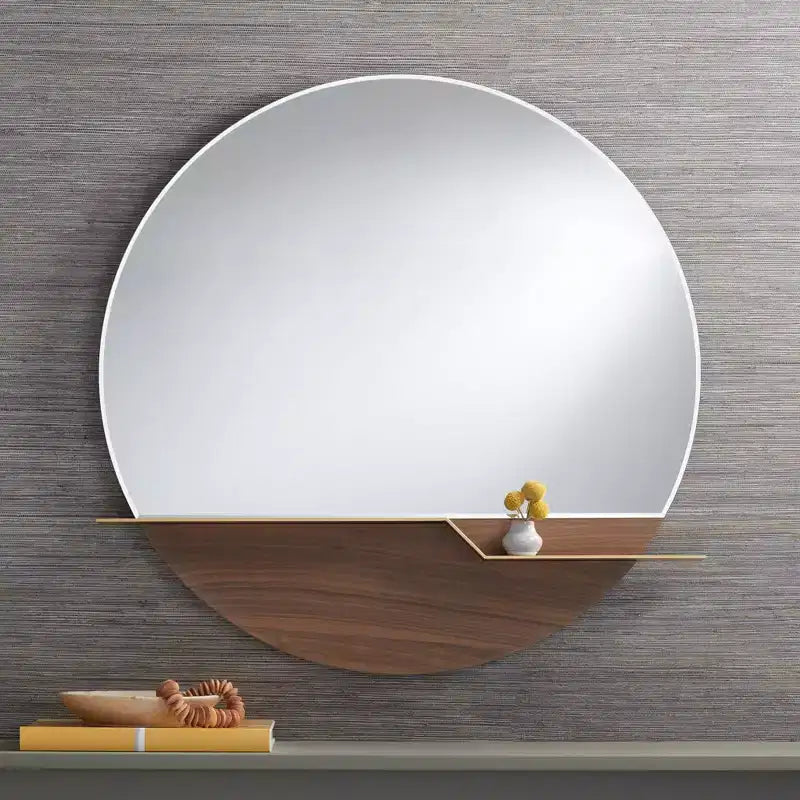 Miroir mural de courtoisie rond Possini Euro Design Loft avec étagère dorée, verre biseauté moderne, cadre en bois brun, 80 cm de large pour salle de bain