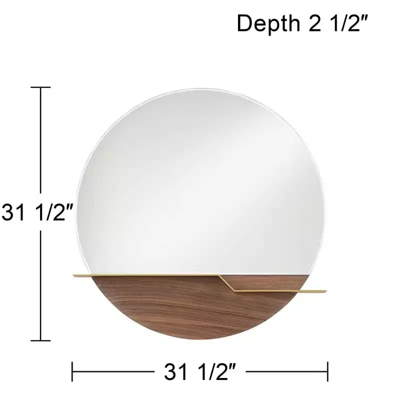 Miroir mural de courtoisie rond Possini Euro Design Loft avec étagère dorée, verre biseauté moderne, cadre en bois brun, 80 cm de large pour salle de bain