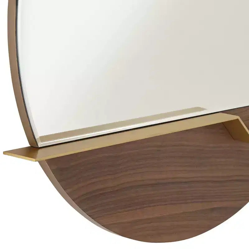 Miroir mural de courtoisie rond Possini Euro Design Loft avec étagère dorée, verre biseauté moderne, cadre en bois brun, 80 cm de large pour salle de bain