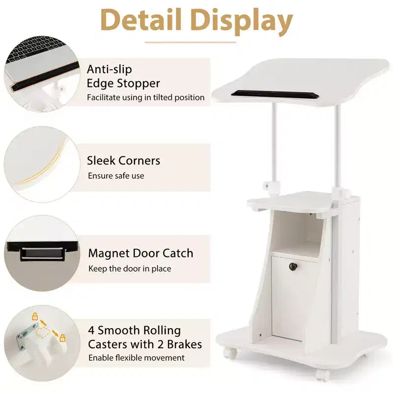 Costway Lot de 2 pupitres mobiles pour ordinateur portable avec rangement, hauteur réglable, blanc/noir