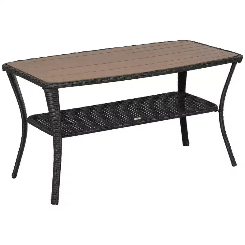 Outsunny Patio PE Rattan Outdoor Coffee Table with Storage Shelf, Wicker Side Table with Wood-Plastic Composite Top, Mixed Brown