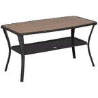 Outsunny Patio PE Rattan Outdoor Coffee Table with Storage Shelf, Wicker Side Table with Wood-Plastic Composite Top, Mixed Brown