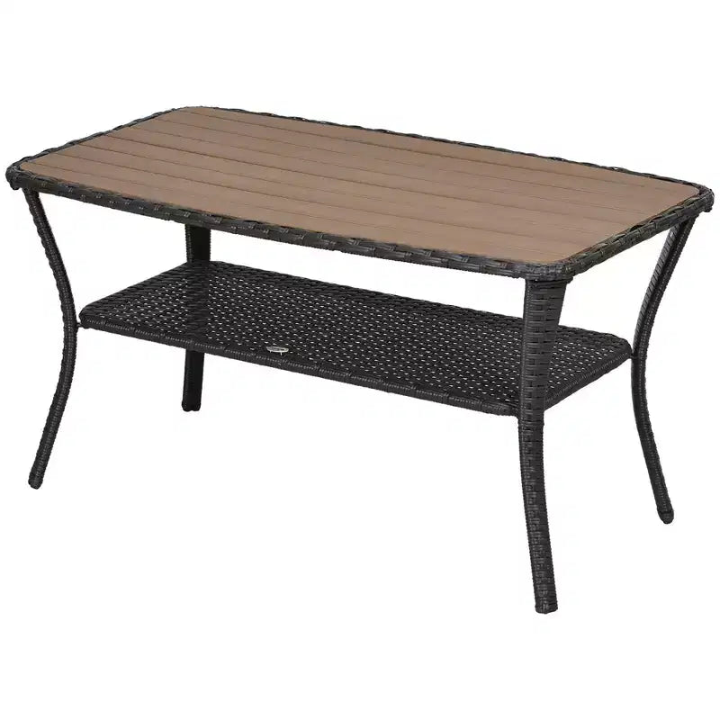 Table basse d'extérieur Outsunny en rotin PE pour terrasse avec étagère de rangement, table d'appoint en osier avec plateau en composite bois-plastique, marron mélangé