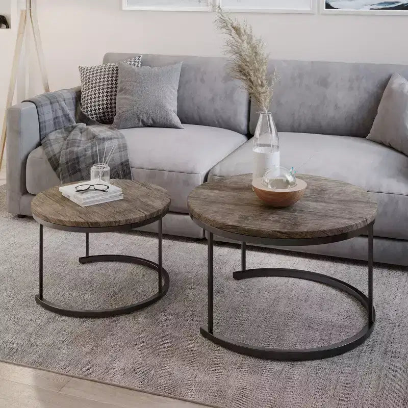 Lavish Home – Lot de 2 tables basses gigognes rondes – Tables de salon au style industriel moderne