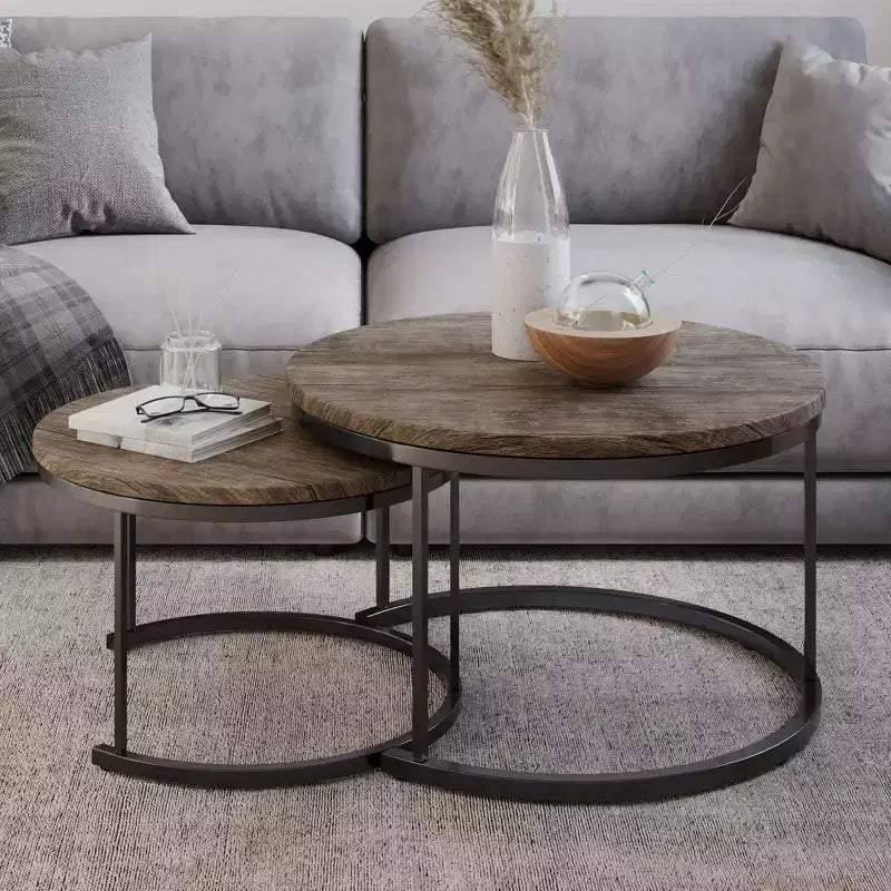 Lavish Home – Lot de 2 tables basses gigognes rondes – Tables de salon au style industriel moderne