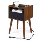 Mid-Century Nightstand with Drawers, Side Table with Charging Station