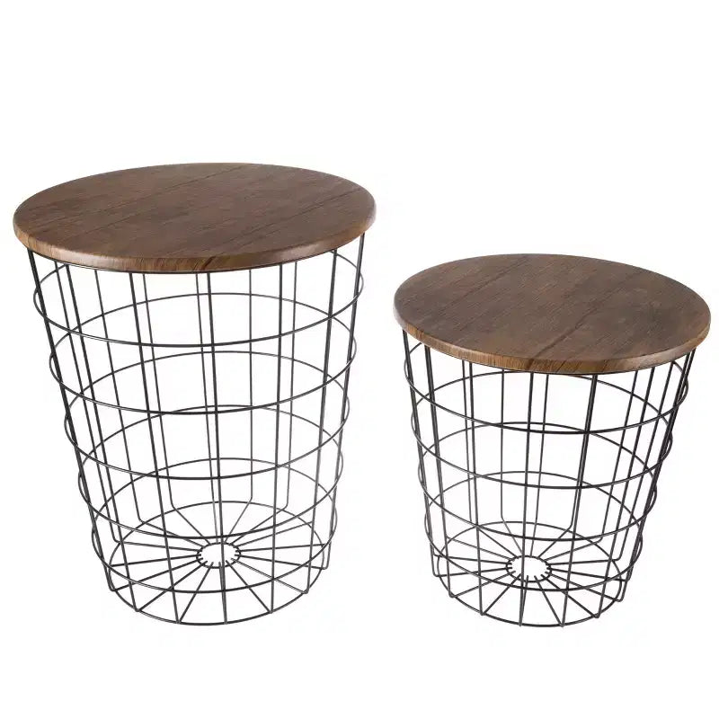 Hasting Home Lot de 2 tables gigognes avec rangement – Tables d'appoint avec plateaux en bois amovibles et structure en panier métallique