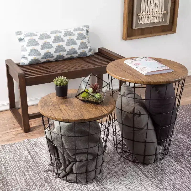 Hasting Home Lot de 2 tables gigognes avec rangement – Tables d'appoint avec plateaux en bois amovibles et structure en panier métallique
