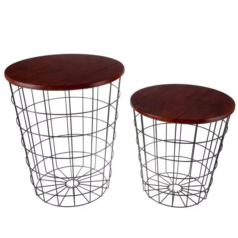 Hasting Home Lot de 2 tables gigognes avec rangement – Tables d'appoint avec plateaux en bois amovibles et structure en panier métallique