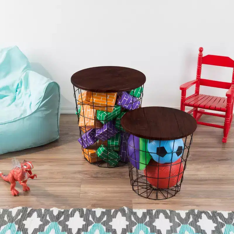 Hasting Home Lot de 2 tables gigognes avec rangement – Tables d'appoint avec plateaux en bois amovibles et structure en panier métallique