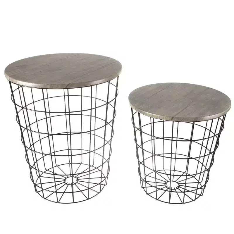 Hasting Home Lot de 2 tables gigognes avec rangement – Tables d'appoint avec plateaux en bois amovibles et structure en panier métallique