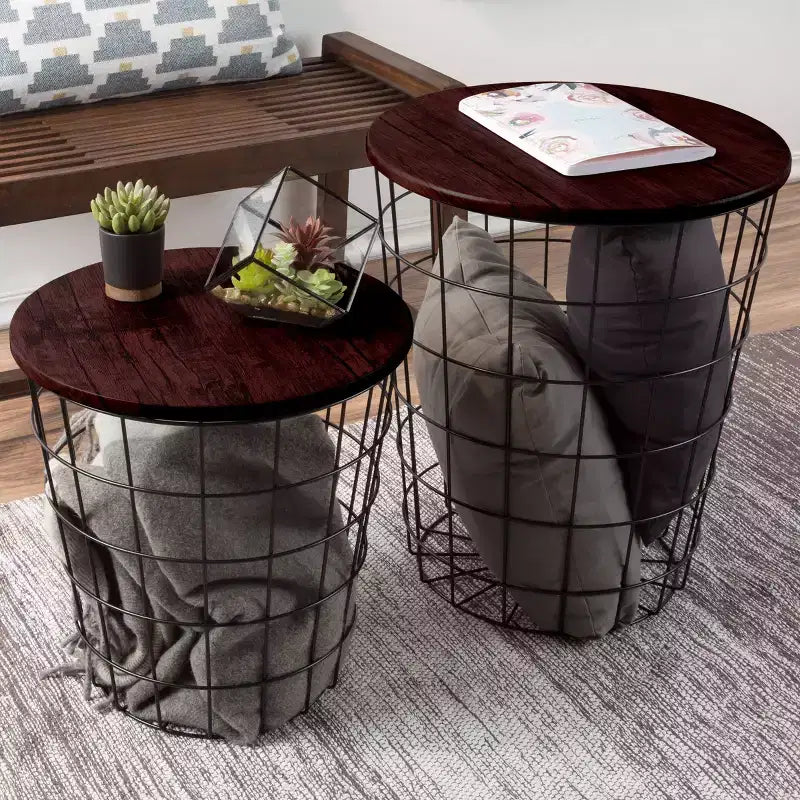 Hasting Home Lot de 2 tables gigognes avec rangement – Tables d'appoint avec plateaux en bois amovibles et structure en panier métallique