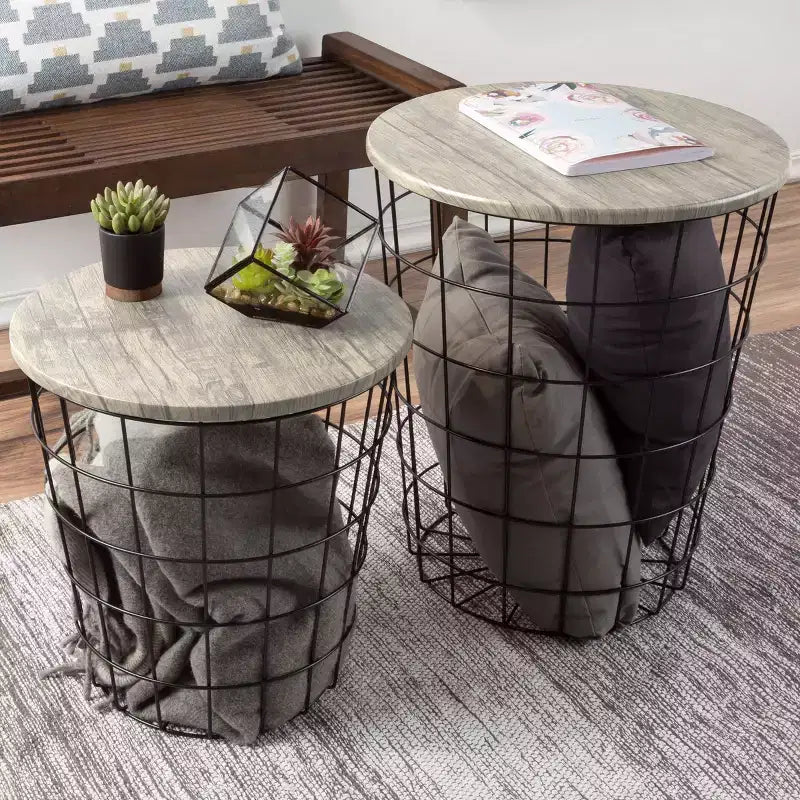 Hasting Home Lot de 2 tables gigognes avec rangement – Tables d'appoint avec plateaux en bois amovibles et structure en panier métallique