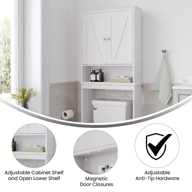 Flash Furniture Dune Meuble de rangement pour salle de bain au-dessus des toilettes avec portes à fermeture magnétique, étagère de placard réglable, étagère inférieure ouverte