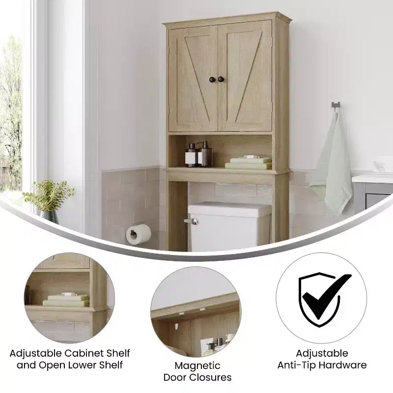 Flash Furniture Dune Meuble de rangement pour salle de bain au-dessus des toilettes avec portes à fermeture magnétique, étagère de placard réglable, étagère inférieure ouverte