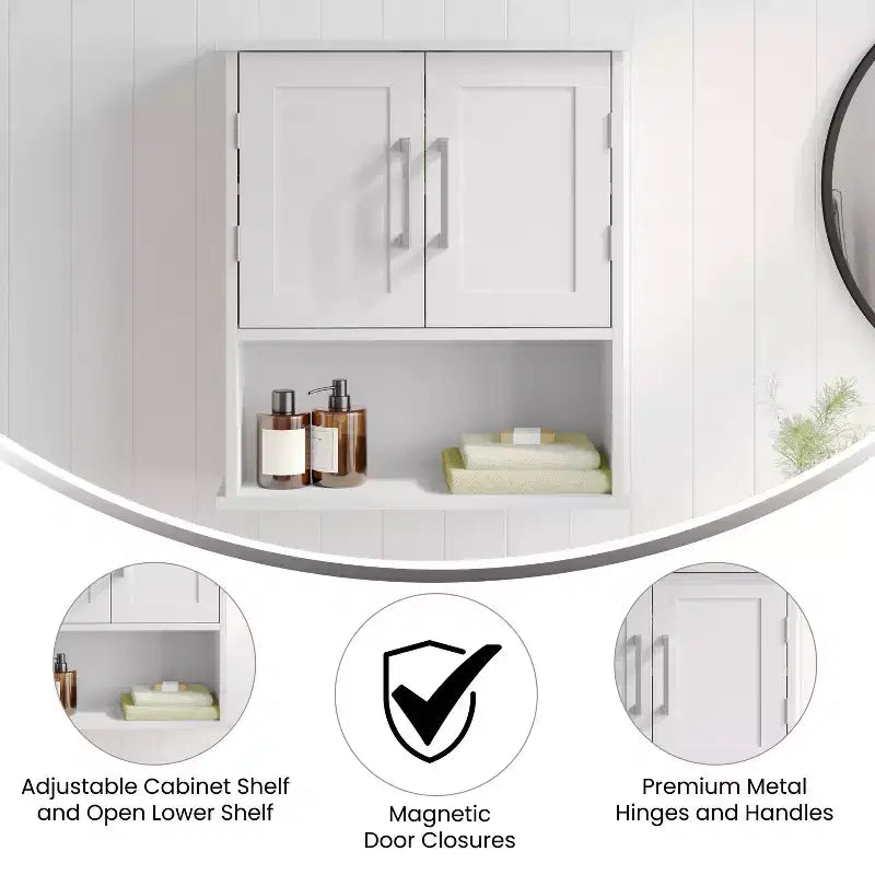 Meuble de rangement mural de salle de bain Flash Furniture Vega avec portes à fermeture magnétique, étagère réglable et étagère inférieure ouverte