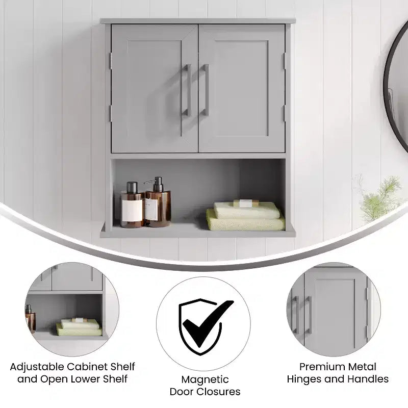 Meuble de rangement mural de salle de bain Flash Furniture Vega avec portes à fermeture magnétique, étagère réglable et étagère inférieure ouverte