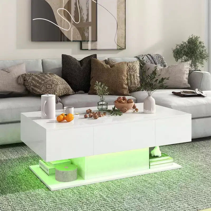 Table Basse LED Costway avec 2 Tiroirs, Lumières LED Dimmables 20 Couleurs et Télécommande Blanc/Noir