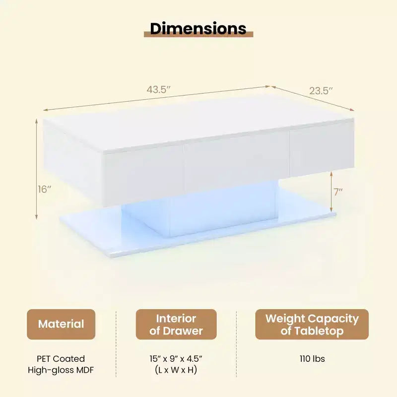 Table Basse LED Costway avec 2 Tiroirs, Lumières LED Dimmables 20 Couleurs et Télécommande Blanc/Noir