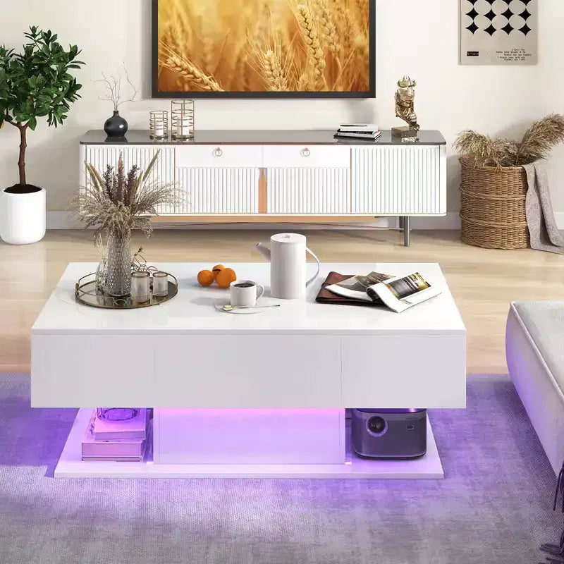 Table Basse LED Costway avec 2 Tiroirs, Lumières LED Dimmables 20 Couleurs et Télécommande Blanc/Noir