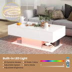 Table Basse LED Costway avec 2 Tiroirs, Lumières LED Dimmables 20 Couleurs et Télécommande Blanc/Noir