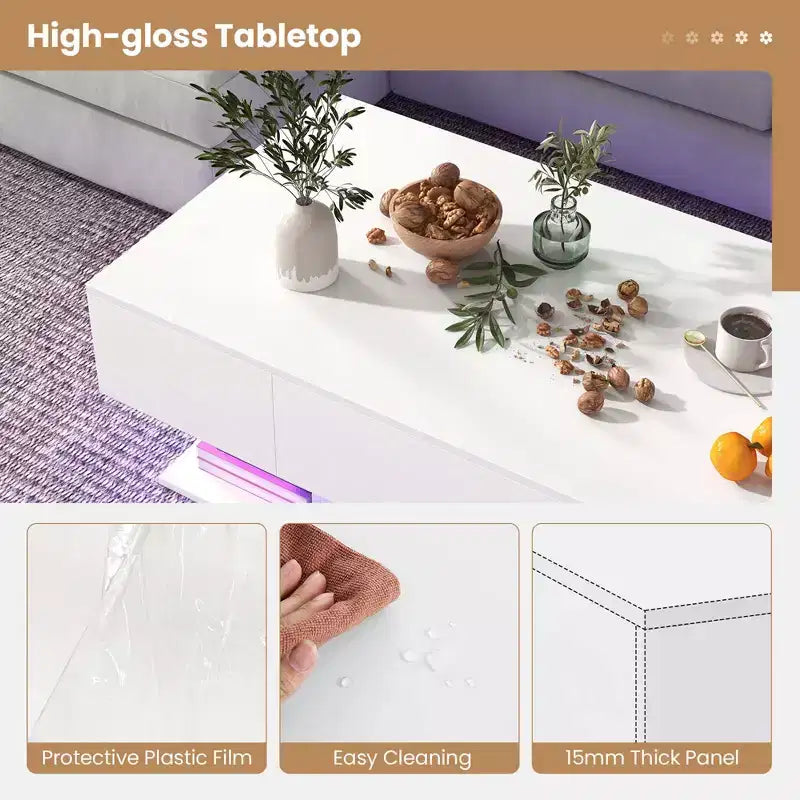 Table Basse LED Costway avec 2 Tiroirs, Lumières LED Dimmables 20 Couleurs et Télécommande Blanc/Noir