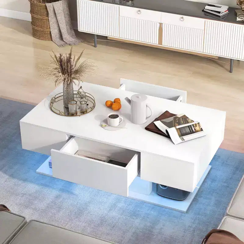 Table Basse LED Costway avec 2 Tiroirs, Lumières LED Dimmables 20 Couleurs et Télécommande Blanc/Noir