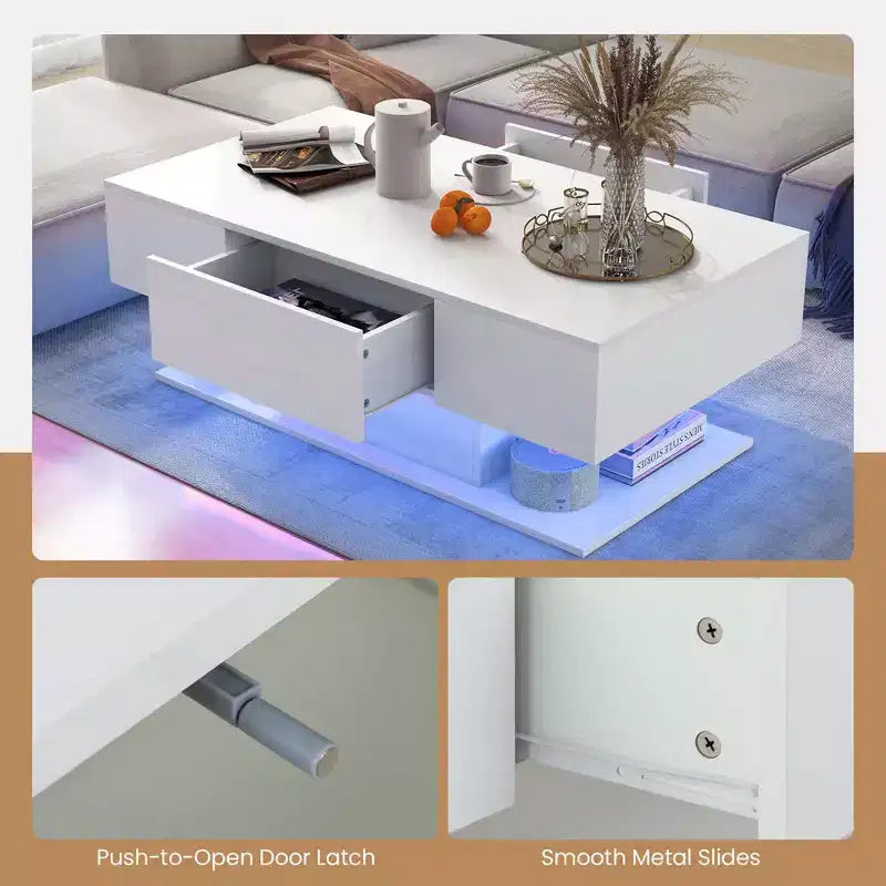 Table Basse LED Costway avec 2 Tiroirs, Lumières LED Dimmables 20 Couleurs et Télécommande Blanc/Noir