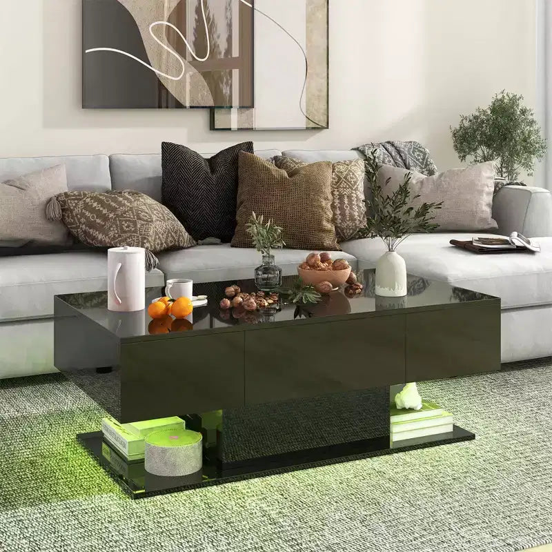 Table Basse LED Costway avec 2 Tiroirs, Lumières LED Dimmables 20 Couleurs et Télécommande Blanc/Noir