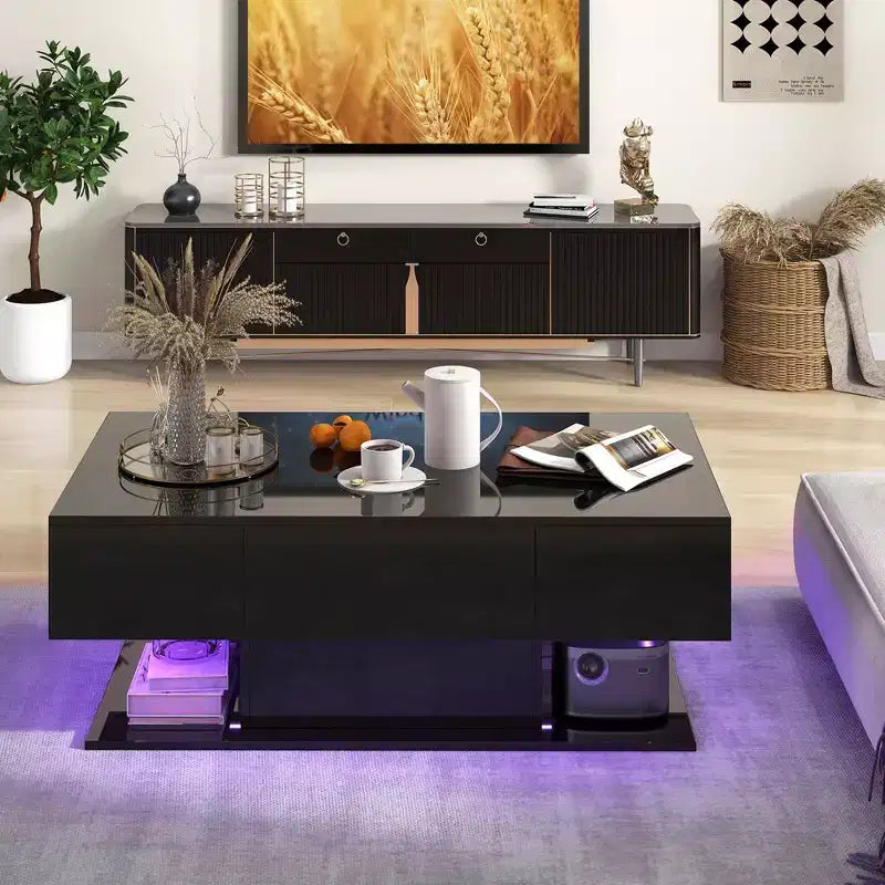 Table Basse LED Costway avec 2 Tiroirs, Lumières LED Dimmables 20 Couleurs et Télécommande Blanc/Noir