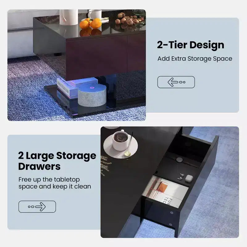 Table Basse LED Costway avec 2 Tiroirs, Lumières LED Dimmables 20 Couleurs et Télécommande Blanc/Noir