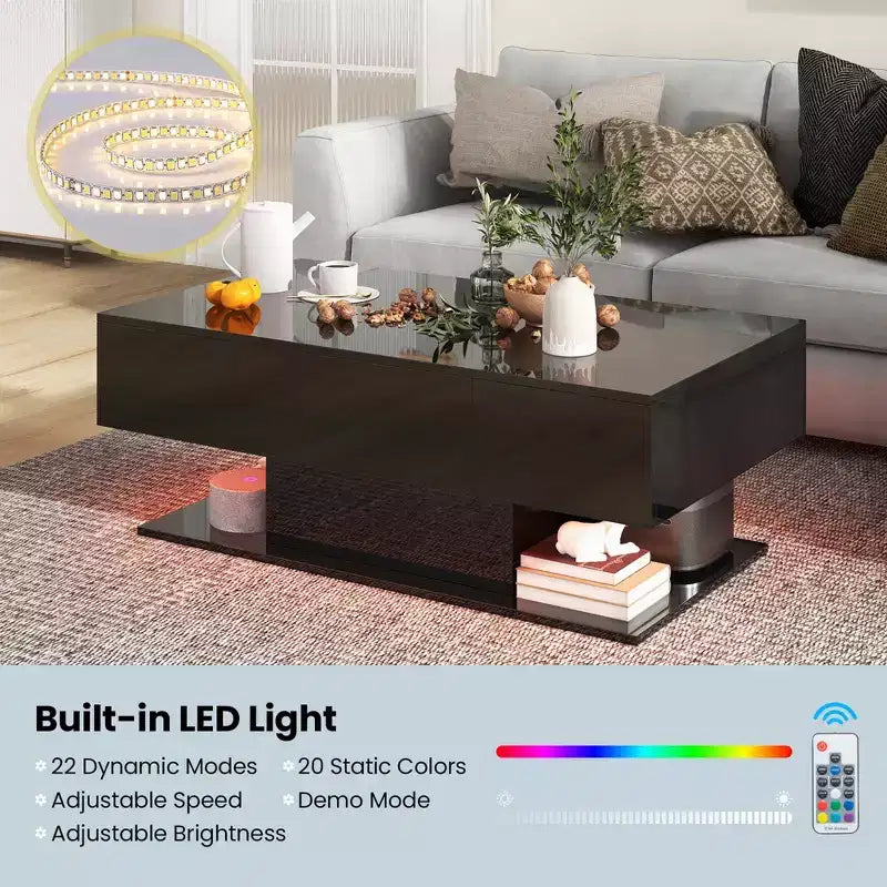 Table Basse LED Costway avec 2 Tiroirs, Lumières LED Dimmables 20 Couleurs et Télécommande Blanc/Noir