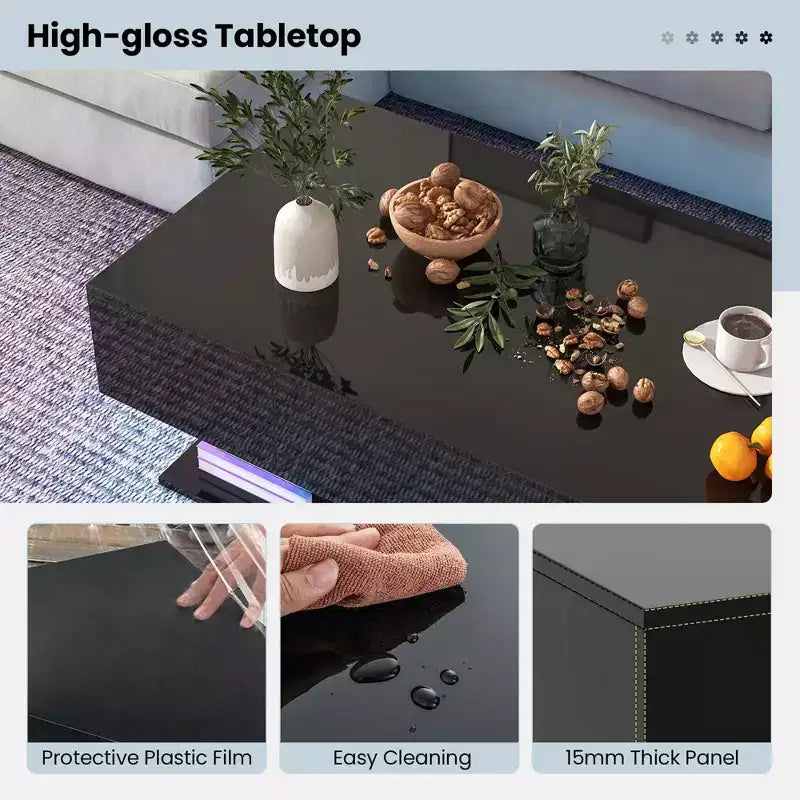 Table Basse LED Costway avec 2 Tiroirs, Lumières LED Dimmables 20 Couleurs et Télécommande Blanc/Noir