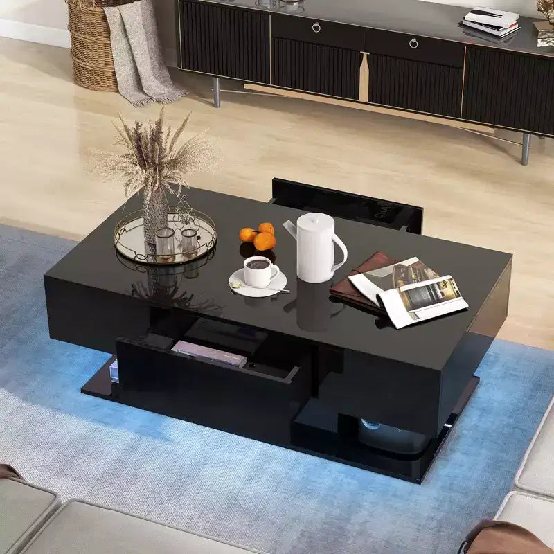 Table Basse LED Costway avec 2 Tiroirs, Lumières LED Dimmables 20 Couleurs et Télécommande Blanc/Noir