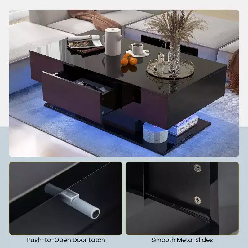Table Basse LED Costway avec 2 Tiroirs, Lumières LED Dimmables 20 Couleurs et Télécommande Blanc/Noir