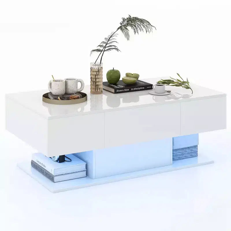 Table Basse LED Costway avec 2 Tiroirs, Lumières LED Dimmables 20 Couleurs et Télécommande Blanc/Noir
