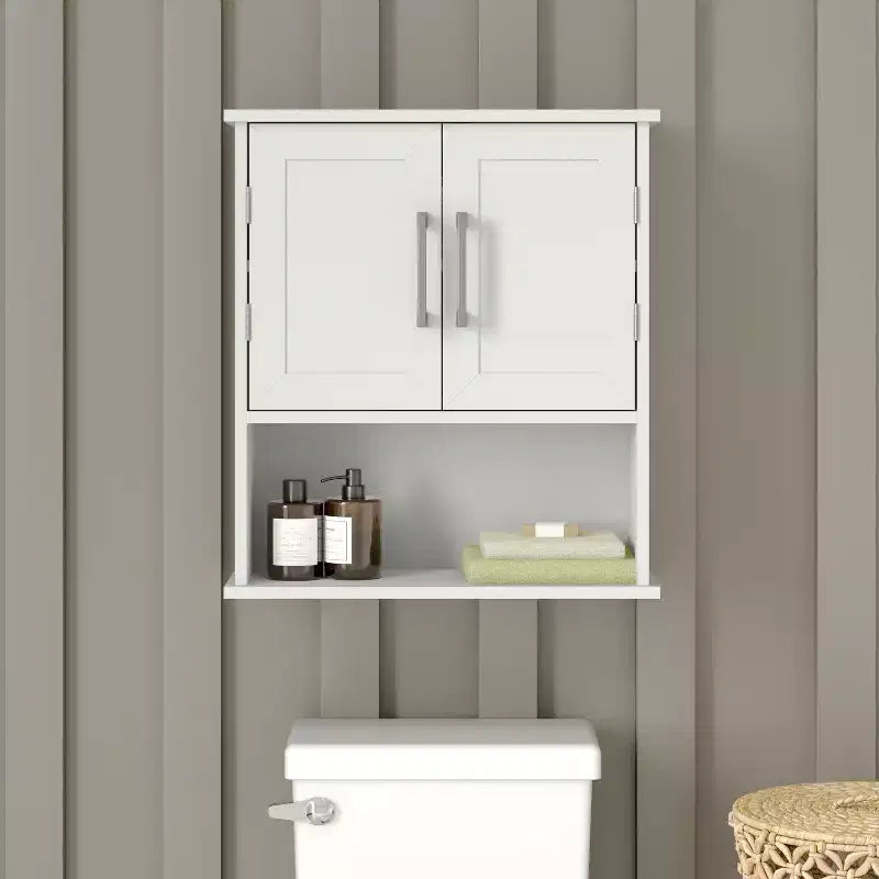 Armoire de salle de bain murale Emma and Oliver avec étagère intérieure réglable, deux portes à fermeture magnétique, étagère inférieure ouverte