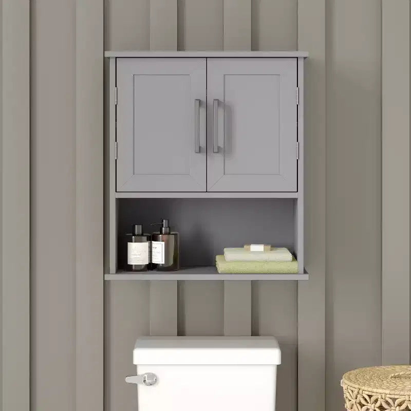 Armoire de salle de bain murale Emma and Oliver avec étagère intérieure réglable, deux portes à fermeture magnétique, étagère inférieure ouverte