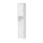 Merrick Lane Slim Linen Tower Organizer with Storage Drawer, Upper and Lower Cabinets with Magnetic Closure Doors and Open Shelf