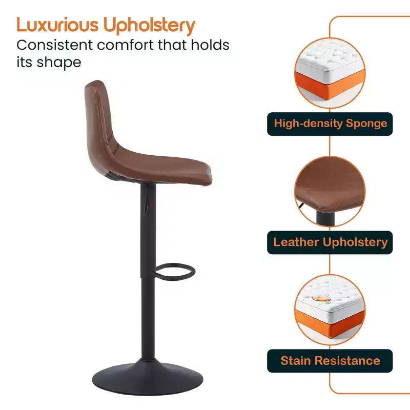 Tabouret de bar moderne LeisureMod Tilbury réglable en hauteur avec revêtement en cuir végétalien et repose-pieds, idéal pour îlot de cuisine, comptoir ou bar à domicile