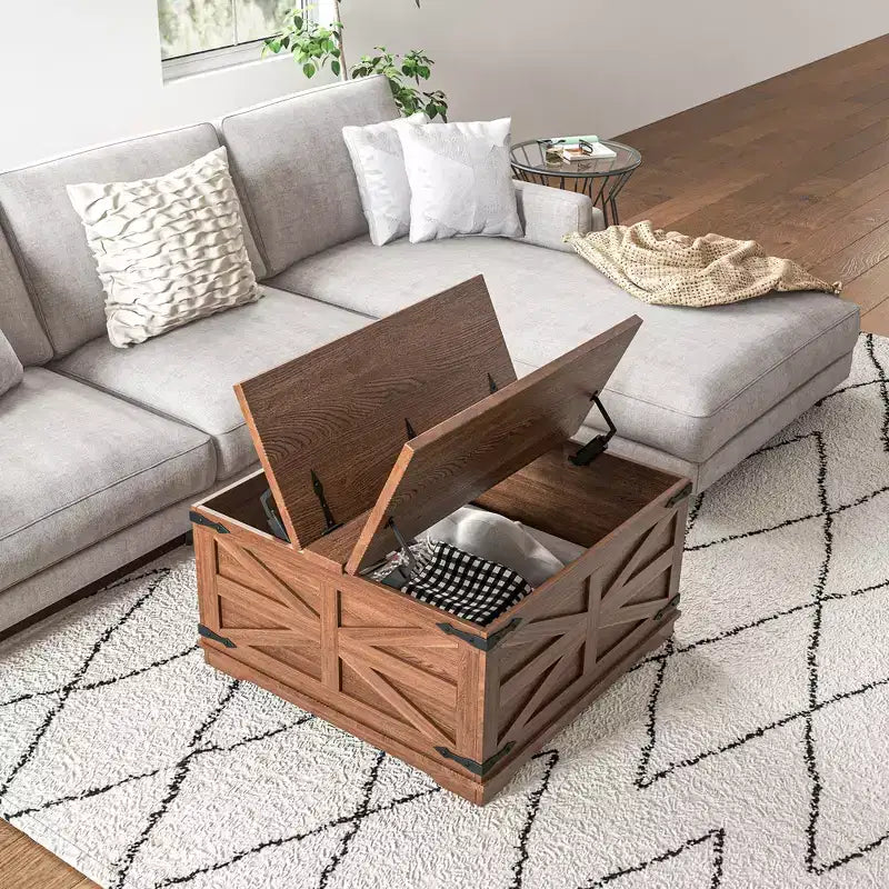 Table basse HOMCOM de style ferme avec plateau relevable, compartiment de rangement caché, table basse carrée pour salon